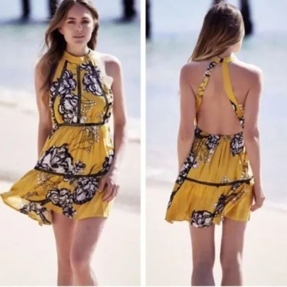 JAASE Golden Lilly Sun Dress‎ Sz M Yellow Floral Open Back Boho Summer - Picture 1 of 7